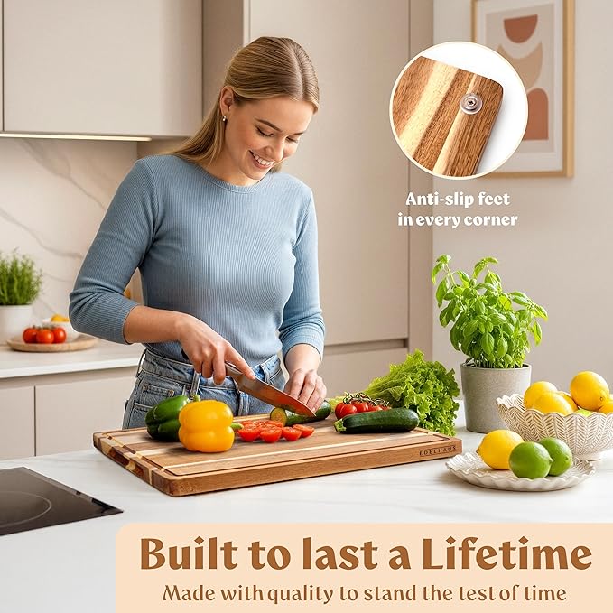Acacia XL Wood Cutting Board for Kitchen, Large Cutting Board 17.1 × 12.8 - Chopping Board with Juice Groove, Knife-Friendly & Durable Wooden Cutting Board