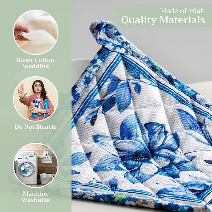 Maison d' Hermine Pot Holders Set 100% Cotton Heat Resistant Potholders 8" x 8" Hot Pads with Loop BBQ, Cooking, Baking, Grilling, Kitchen, Handling Hot Pans Spring/Summer (Pack of 2, Summer Blues)
