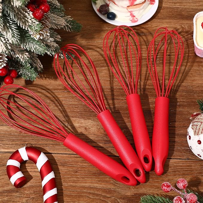 Domensi 24 Pcs 10 Inch Red Silicone Whisk Non Scratch Balloon Wire Whisk for Cooking Manual Egg Beater Milk Coffee Frother, Baking Gifts Cooking Supplies for Christmas Gift Party Stocking Stuffers