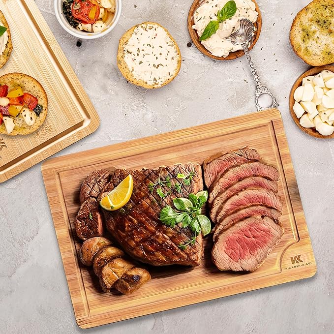 Wood Cutting Boards for Kitchen-Bamboo Cutting Board Set of 3, with Juice Grooves, Thick Chopping Board handles., Large, Natural