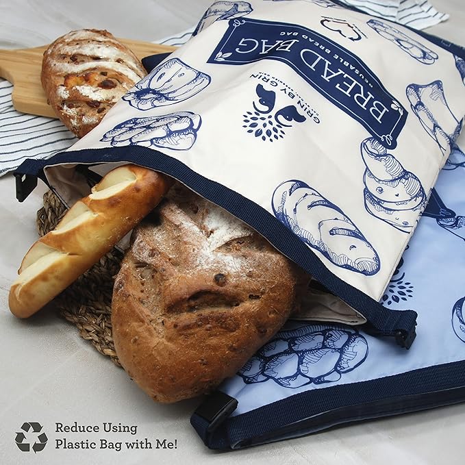 GRIN BY GRIN- 2 Packs Bread Bags, Zipper Reusable Bread Bags for Homemade Loaf, Freezer Sourdough Container, Fresh Keeping Extra Large, Reusable Food Storage Bag