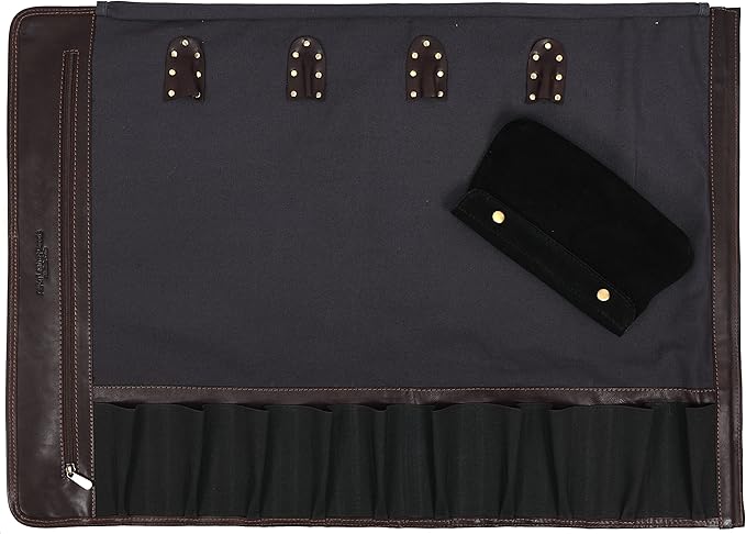Leather Knife Roll Storage Bag, Elastic and Expandable 10 Pockets, Adjustable/Detachable Shoulder Strap, Travel-Friendly Chef Knife Case (Canvas, Cloud)