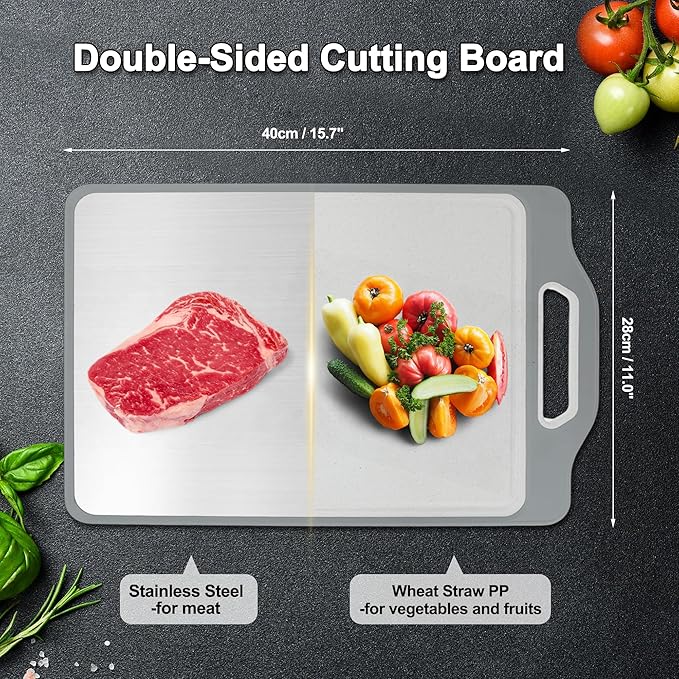 VOCOSTE Double-Sided Stainless Steel Cutting Board, Hygienic Kitchen Board for Meat, Fruits & Vegetables, Dishwasher Safe, Families with Children and Elderly, Gray