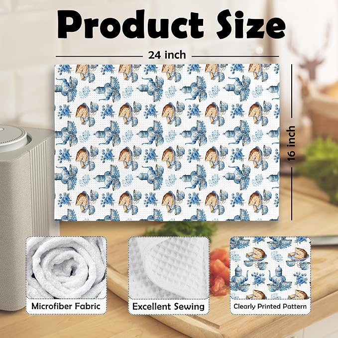 Retro Floral Teacups Kitchen Dish Towels, Vintage French Garden Tea Lover Gifts, Blue and White Flower Kitchen Decor Hand Towels Kitchen Tea Towels Decorations, 16x24inch