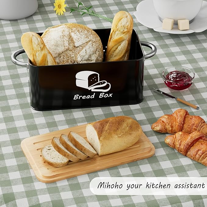 Metal Bread Box with Bamboo Cutting Board Lid, Bread Storage Container, Modern Kitchen Organizer for Sourdough, Buns, and Loaves (Black)