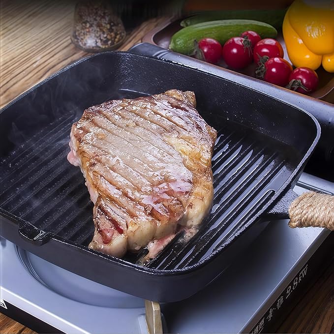 Cast Iron Grill Pan, 9.5 inch Square Grill Pan Skillet with Pour Spout, Cast Iron Griddle Pan with Small Meat Tong, Oil Brush & Hemp Rope for Stove Tops, Gas, Induction, Oven, Grill, Campfire