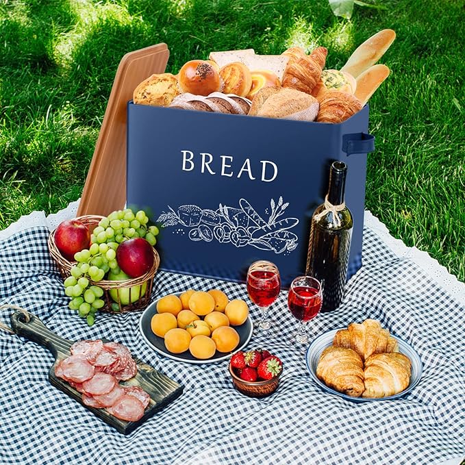 P&P CHEF Bread Box for Kitchen Counter, Metal Bread Storage Bin with Wooden Cutting Lid, Large Capacity for Holding 2+ Loaves, Retro Modern Style, Size 13” x 7.2” x 9.7”, Blue