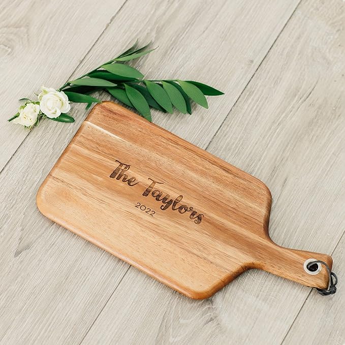 Weddingstar Personalized Wooden Paddle Cutting Board or Serving Board With Handle 13.5" x 6.5" - Retro Script Etching