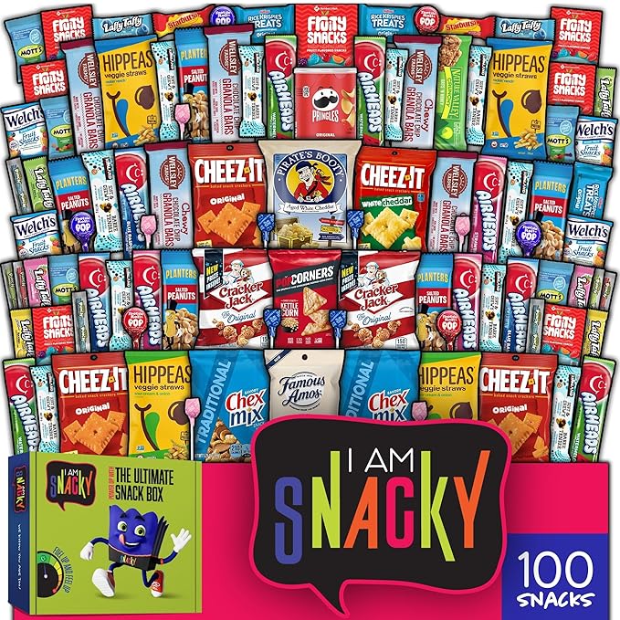 I AM Snacky - Holiday Christmas Stocking Stuffers, Snack Box Variety Pack Care Package + Greeting Card - SNACKY'S PARTY PACK (100 Count) Xmas Birthday Sweet Treats Gift Basket, Candies Chips