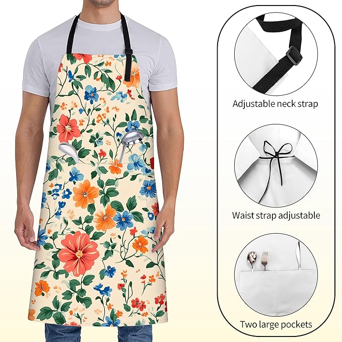 Retro Floral Apron for Women with Flowerl,28x33in,Vintage Garden Kitchen Aprons with 2 Pockets, Oxford Fabric,Beautiful Adjustable Apron for Cooking Baking Gardening Chef,Gifts for Mom Wife