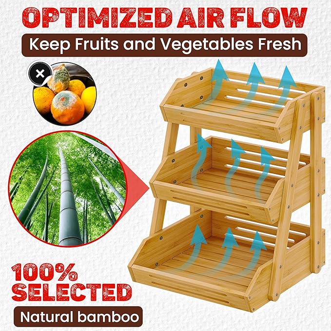 [Upgraded] Bamboo Fruit Basket with 4 Legs, 3-Tier Fruit Stand Storage Holder, Detachable Fruit Bowl for Countertop, Vegetable Holder for Kitchen Counter Organizer, Snack & Bread Storage Basket Stand