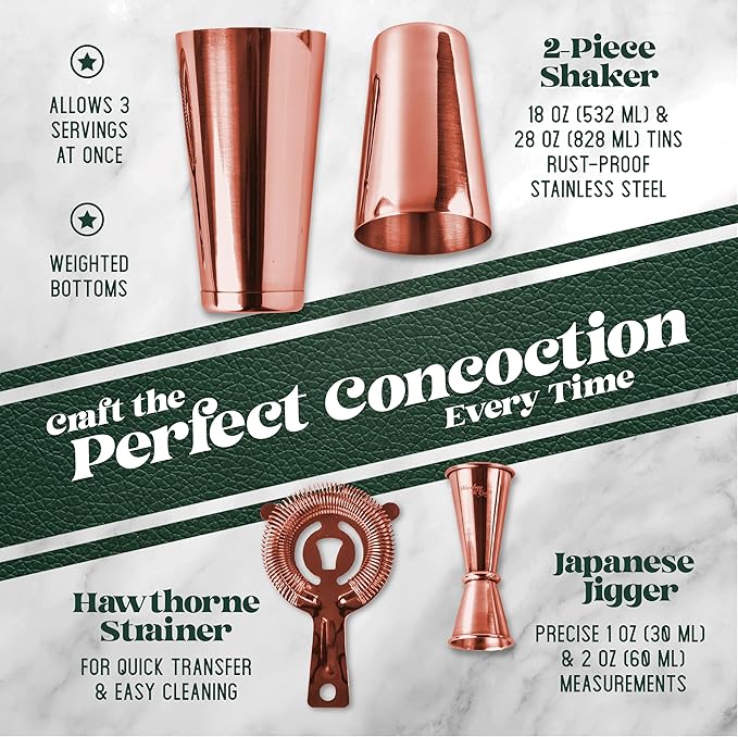 Mixology Cocktail Shaker Boston Shaker Set Professional Weighted Martini Shakers, Strainer and Japanese Jigger, Portable Bar Set for Drink Mixer Bartending, Exclusive Recipes Cards (Copper)