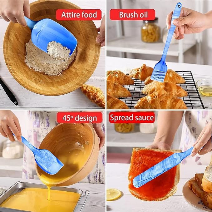 Premium Silicone Marbled Spatula Set of 6 – 446°F Heat-Resistant One-Piece Steel Core, Non-Stick Kitchen Tools for Baking, Cooking & Mixing – Dishwasher Safe (Blue)