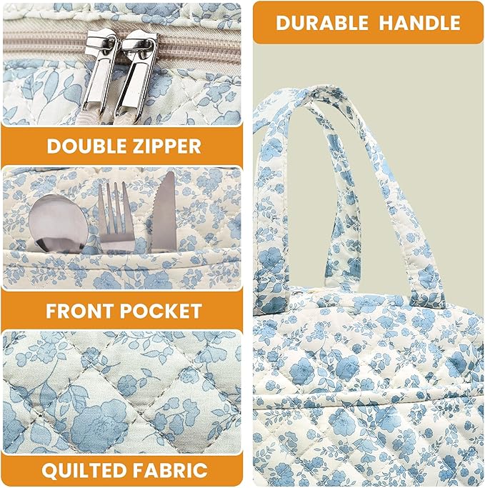 Quilted Lunch Box for Women,Lunch Box for Teen Girls,Cute Floral Lunch Bags for Work, School,Office,Picnic,Travel (Cute Blue Floral)