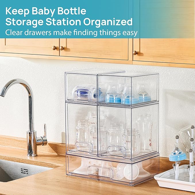 Vtopmart Clear Stackable Storage Drawers Set of 4, Plastic Organizer Bins for Makeup, Cosmetics, Beauty Supplies,Ideal for Vanity, Bathroom,Cabinet,Pantry Organization