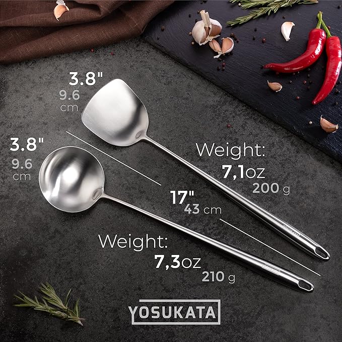 YOSUKATA 17’’ Wok Spatula and Ladle - Set of 2 Heat-Resistant Wok Tools - Universal Wok Ladle and Spatula - High-Grade 304 Stainless Steel Cooking Utensils and Wok Accessories - Solid Wok Utensils