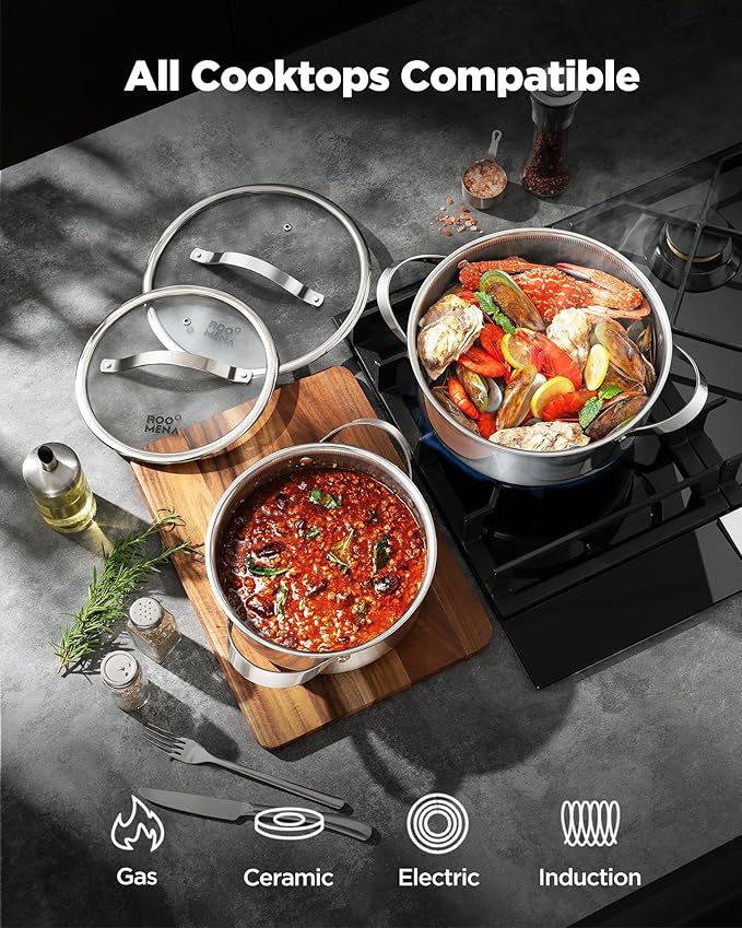 Pots and Pans Set Hybrid Stainless Steel, 10PC Nonstick Tri-Ply Cookware Set w/Frying Au Gratin pan, Dishwasher & Oven Safe, PFOA-Free, Metal Utensil Safe, Suitable for All Cooktops