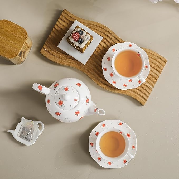 30oz Porcelain Teapot (4 Cups) - Elegant Floral Ceramic Tea Pot with Vibrant Roses, Ideal for Loose Leaf & Bagged Tea, Dishwasher Safe