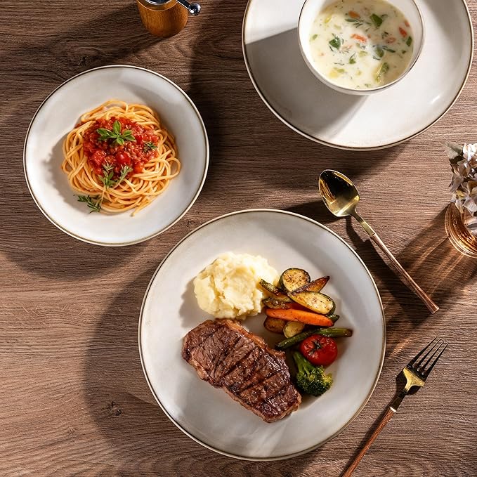 AmorArc Stoneware Dinnerware Sets for 8, 24 Pieces Handpainted Ceramic Plates and Bowls Set, Scratch Resistant Dishes Set, Dishwasher & Microwave Safe, Cappuccino