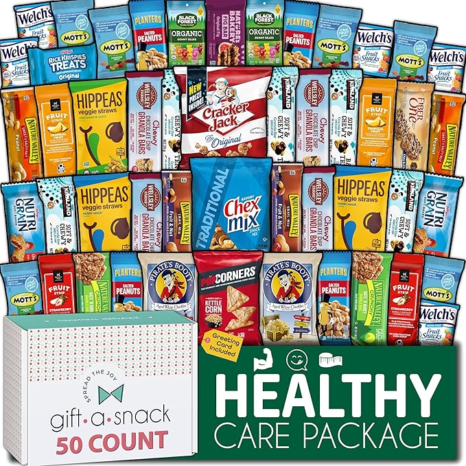 Gift A Snack - Holiday Christmas Stocking Stuffers, Healthy Snack Box Care Package + Greeting Card (50 Count) Xmas Birthday Treats Gift Basket, Nutritious Granola Breakfast Bars