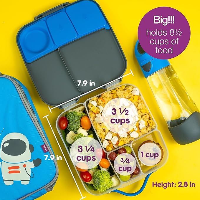 b.box Lunch Box for Kids: Bento Box w/ 4 Compartments (2 Leak Proof), Removable Divider & Gel Pack. Ideal for Big Eaters 3+. School Supplies, 8½ Cup Capacity