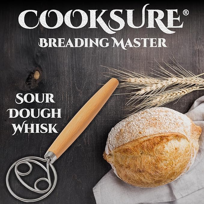 13 Inch Danish Dough Whisk – 304 Stainless Steel Dough Whisk with Smooth Wooden Handle for Easy Sourdough & Bread Mixing