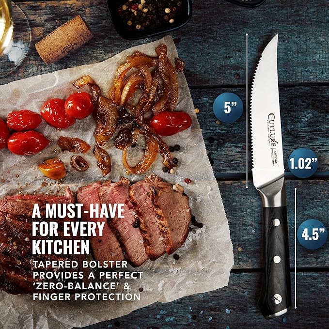 Cutluxe Steak Knives Set of 8, Serrated Steak Knives – Forged High Carbon German Steel, Full Tang, Ergonomic Handle Design – Artisan Series