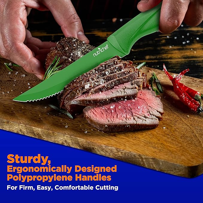 NutriChef SereneLife Stainless Steel Knife Set, 8 Pcs. - Non-Stick Coating, Sharp Serrated Blades, Professional Kitchen Set, Rust-Resistant, Dishwasher Safe, Ideal for BBQ & Grilling, Green