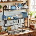 MOUKABAL Dish Drying Rack - Stainless Steel Over The Sink Dish Drying Rack (Expandable Length), 2 Tier Large Dish Rack with Utensil Holder, 32.3" - 33.9"(L) x 11.4"(W) x 32.3"(H) Black