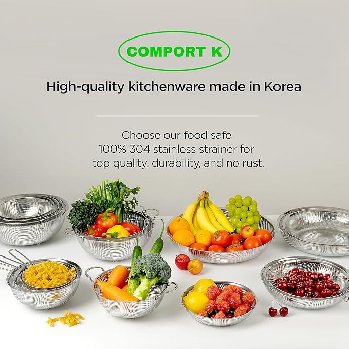Premium 18/8 304 Stainless Steel Small Colander Set of 3, Comfortable Tray, Micro-Perforated Shallow Colanders 2-3-4 Quart Set, Self-Draining Solid Base for Pasta, Fruits, Vegetables