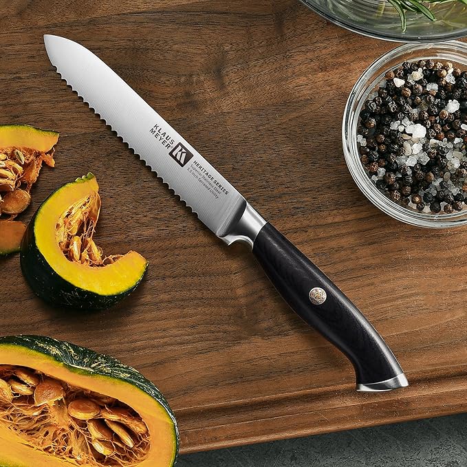Klaus Meyer 8-Piece Kitchen Knife Set, German High Carbon Steel Pakka Wood Handle Chef Knife Set With Block, Ultra Sharp With Scissors, Sharpener Rod.