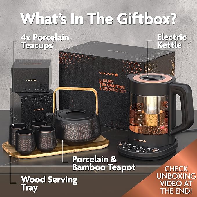 Vianté Luxury Tea Set. Electric Kettle with Infuser for Loose Leaf And Ceramic Serving Set. Teapot and Cup Set with Wooden Tray. Excellent Gift Idea For Tea Lovers.