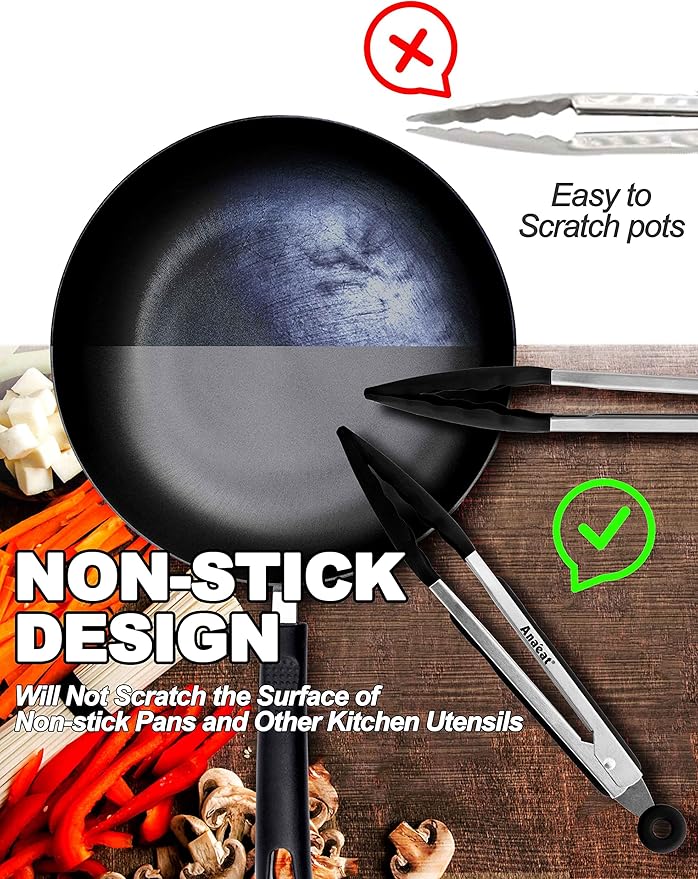 Anaeat Non-Stick Silicone Locking Tong Set of 3 - Stainless Steel 7", 9", 12" Kitchen Food Tongs with Non-Slip Silicone Tips and Grip for Cooking, Baking and BBQ - Heat Resistant up to 480°F (Black)