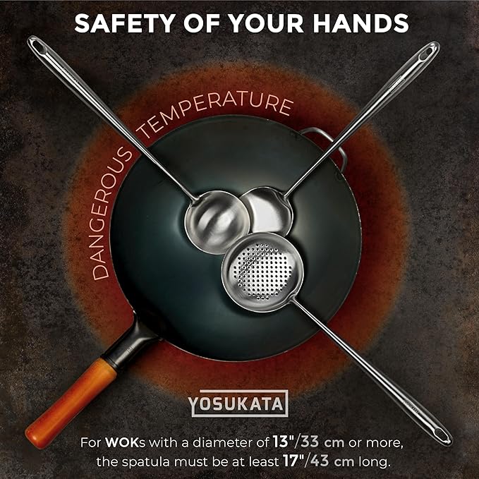 Yosukata 17" Wok Spatula and Ladle Skimmer Spoon - Stainless Steel Cooking Utensils Set of 3-304 Stainless Steel Kitchen Utensils Set - Dishwasher Safe Wok Accessories - Wok Utensils - Cooking Tools