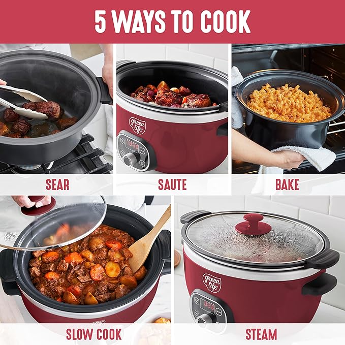 GreenLife 6QT Slow Cooker, Non-Toxic PFAS-Free Ceramic Nonstick Removable Interior Bowl, Programmable, Family Friendly, Keep Warm, Stovetop & Oven Safe, Dishwasher Safe Crock, Timer, Glass Lid, Red