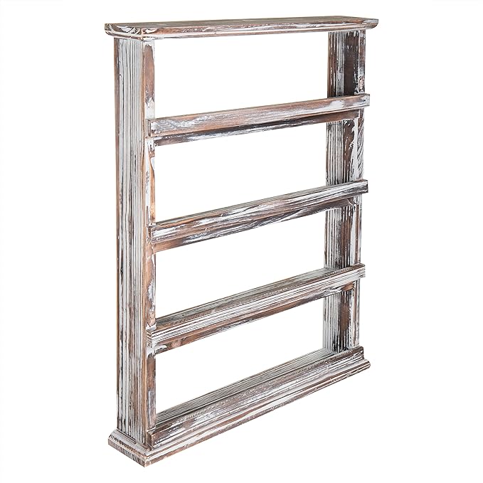 MyGift Wooden Spice Rack Wall Mount, Hanging 4 Tier Seasoning Jar Shelf Pantry Organizer, Vintage Rustic Torched
