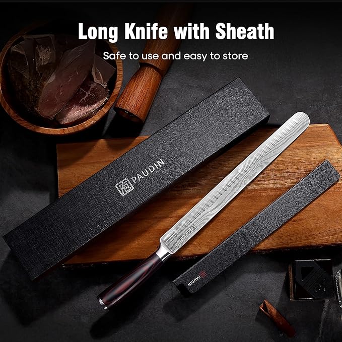 PAUDIN Brisket Knife, 12 Inch Carving Knife Stainless Steel Brisket Slicing Knifes with Granton Edge for Meat Cutting, Roasts, BBQ, Turkey