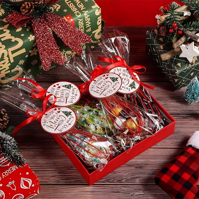 24 Sets 10 Inch Christmas Whisks Gifts DIY Fillable Christmas Tree Ornaments Xmas Colored Silicone Whisks for Cooking Heat Resistant Egg Beaters with Card Rope Bag for Candy Holder