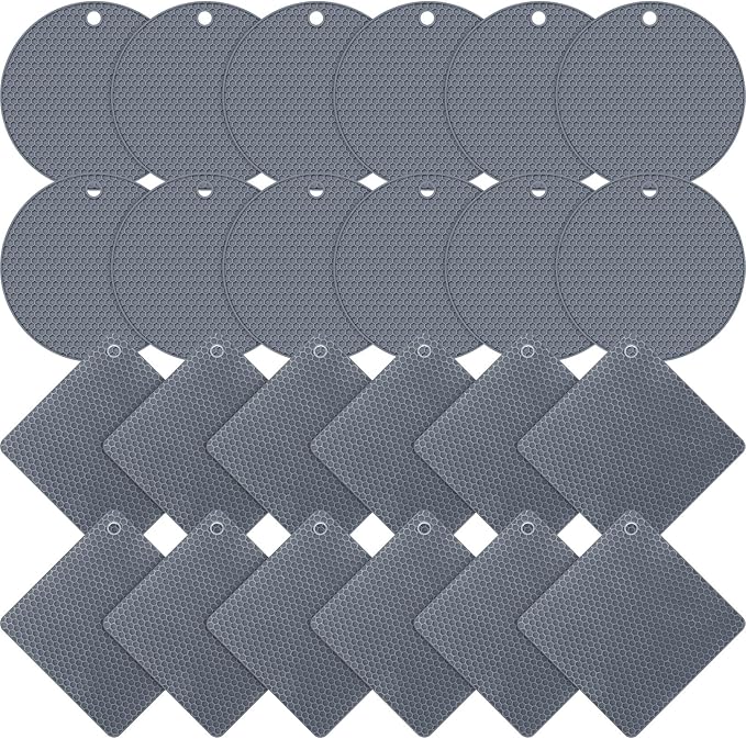 Dandat 24 Pcs Silicone Trivets Mats Bulk Silicone Pot Holders Hot Dishes Multipurpose Non Slip Hot Pads Heat Resistant Mat for Kitchen Countertops Table Restaurants Church Gatherings(Gray)