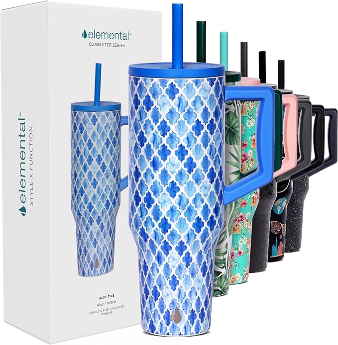 Elemental 40 oz Tumbler with Handle and Straw - Spill Proof Insulated Stainless Steel Commuter for Hot and Cold Beverages - Travel Coffee Mug with 2 Straws & Spill Proof Lid - 40oz - Blue Tile