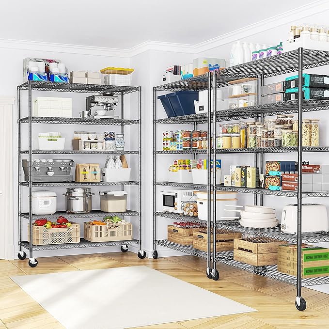 82" H X45 W X18 D Storage Shelves with Wheels, 6 Tier Wire Shelving Adjustable Metal Shelving Pantry Shelves Capacity 1200LBS for Garage Shelving, Pantry, Kitchen, Closet, Black,2P