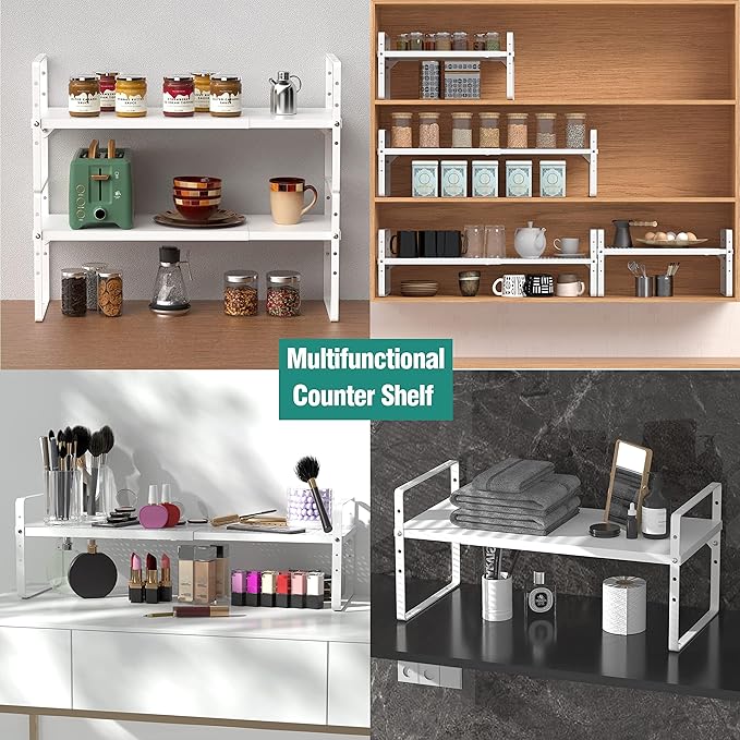 Expandable Cabinet Shelf Organizer Rack, Stackable Kitchen Counter Storage Shelves Stand, Adjustable Height Pantry Shelf Spice Rack, Heavy Duty Nonslip White Large 2Pack