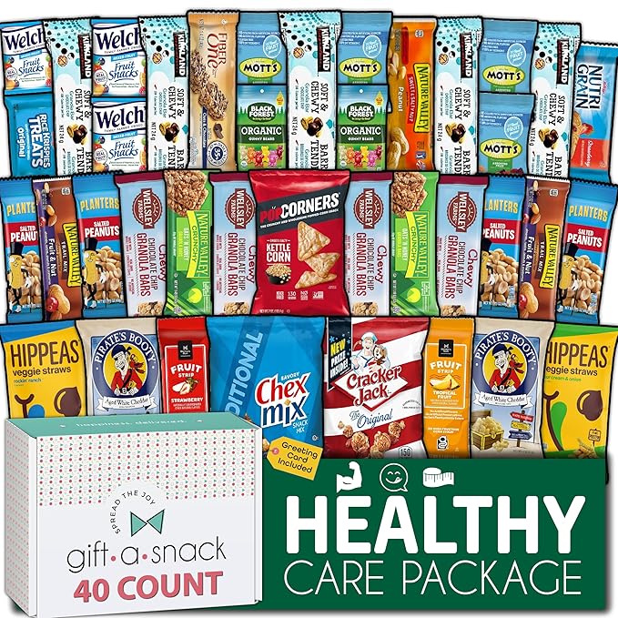 Gift A Snack - Holiday Christmas Stocking Stuffers, Healthy Snack Box Care Package + Greeting Card (40 Count) Xmas Birthday Treats Gift Basket, Nutritious Granola Breakfast Bars