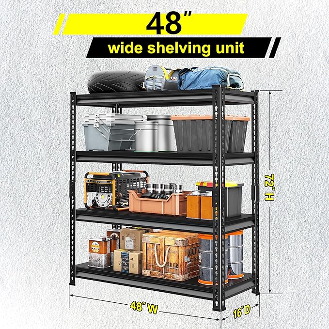 Utility Garage Shelves Heavy Duty - 48''W 2,000Lbs Steel Metal Industrial Storage Shelving Rack Units Adjustable 48" W x 16" D x 72" H 4 Tier Black