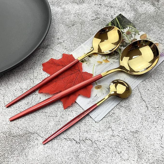 JASHII 18/10 Silver Silverware Set Stainless Steel Flatware Utensils Set Gold Cutlery Set| 36-Piece Modern Cubiertos Dorados| BEST Birthday Wedding Gift (6 sets, Red Handle Gold Mirror Polish)