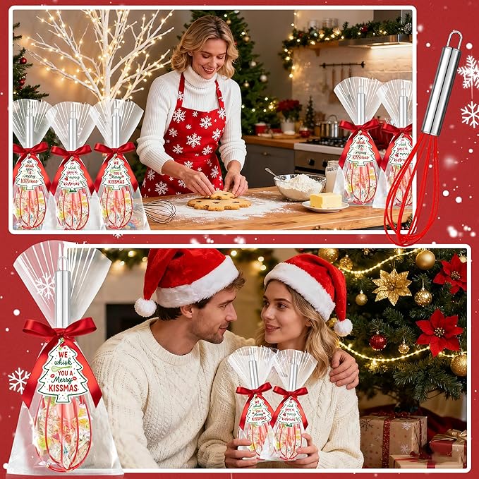 12 Sets 10 Inch Christmas Whisk Baking Gifts, DIY Fillable Christmas Tree Ornaments, Xmas Colored Silicone Whisks for Xmas Employee Neighbor Cooking Supplies Xmas Stocking Stuffers Candy Holder