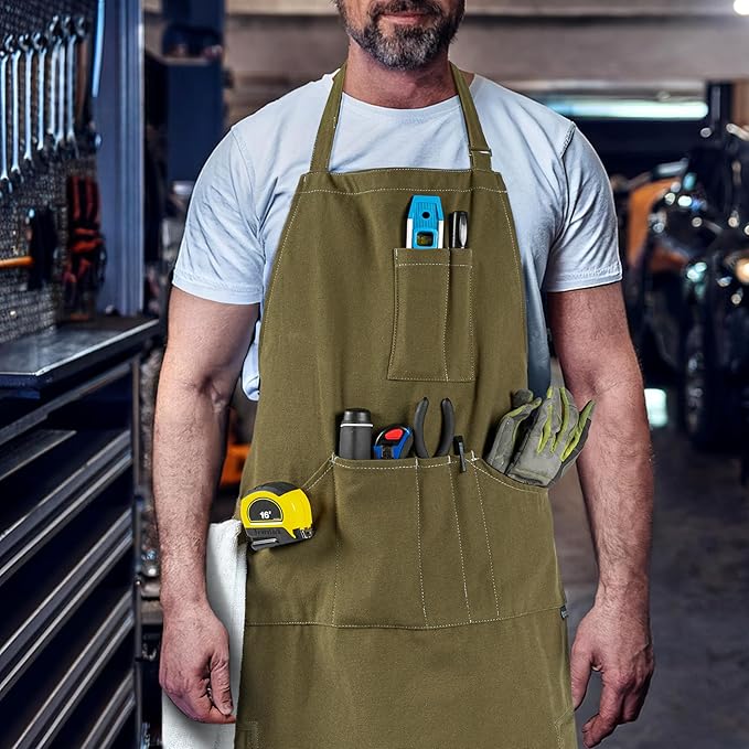 opux Chef Apron for Men, Kitchen Apron with Pockets for Women, Large Unisex Canvas Apron for Cooking Grilling BBQ Baking.