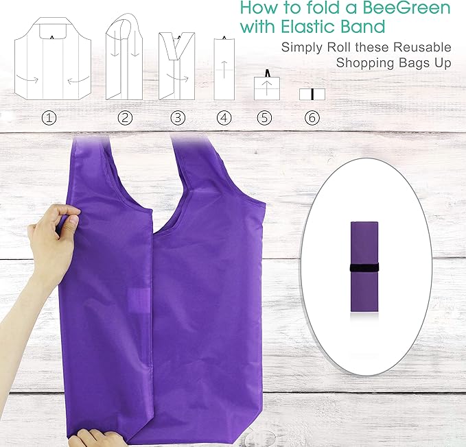BeeGreen Purple Reusable Shopping Bags for Groceries 10 Pack Reusable Grocery Bags Washable 50LBS Folding with Zipper Carry Pouch Tote DIY Gift Bags Durable Polyester