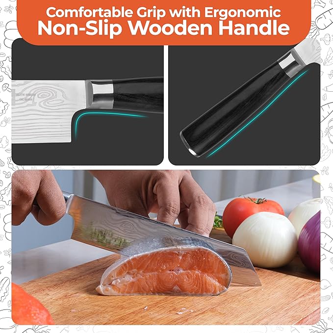 Gidli 8-Inch Chef Knife with Diamond Sharpener – Sharp Kitchen Knife Made of German Carbon Stainless Steel with Ergonomic Wooden Handle for Slicing, Chopping&Dicing of Meat, Seafood -Gift Box Included