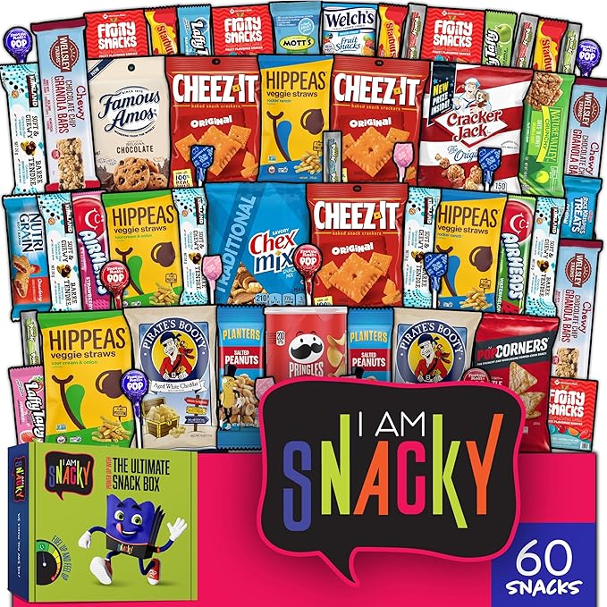 I AM Snacky - Holiday Christmas Stocking Stuffers, Snack Box Variety Pack Care Package + Greeting Card - SNACKY'S SOCIAL SAMPLER (60 Count) Xmas Birthday Sweet Treats Gift Basket, Candies Chips